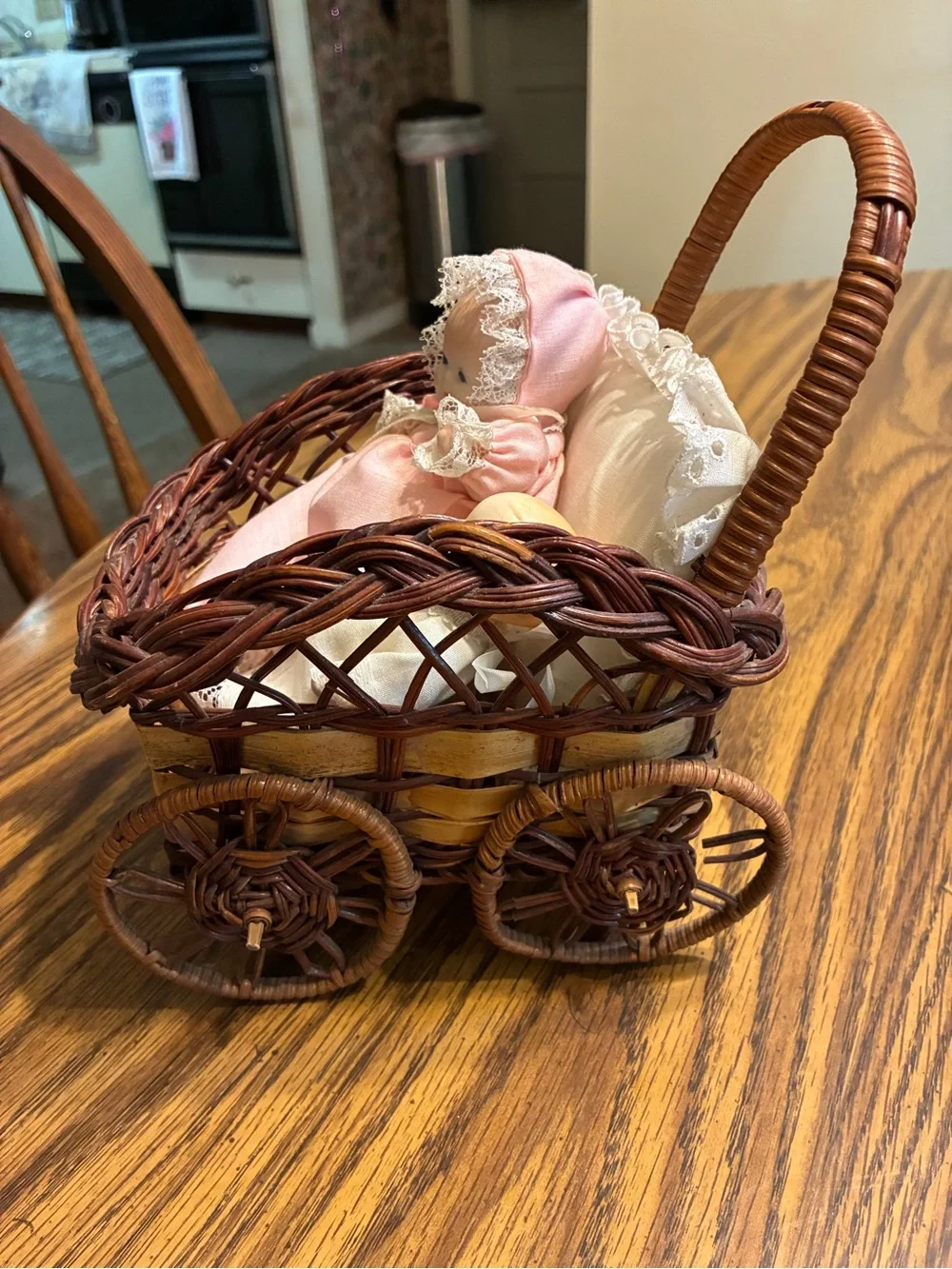 Antique like Wicker Basket with Pink & Cream Baby Doll Set1980-2000
